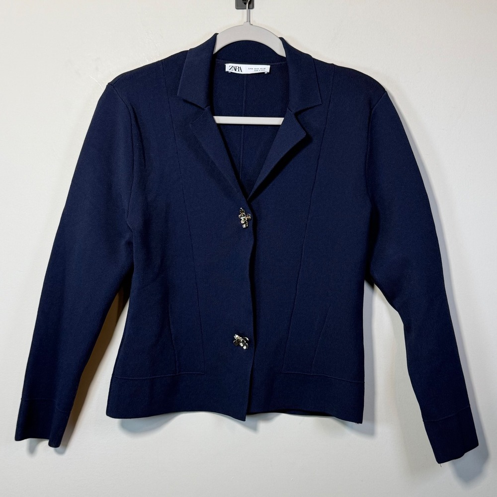 Zara Knit Blazer Jacket Women Med Navy Blue Silver Floral Buttons Classic Preppy